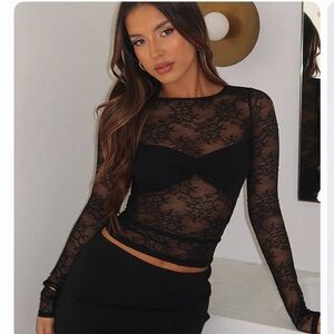 White Fox Boutique Black Sheer Lace Long Sleeve Tee